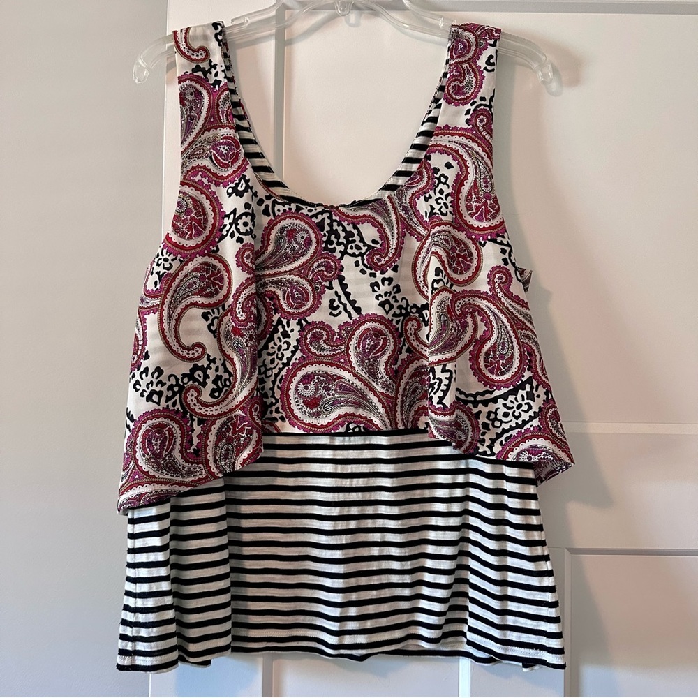 Meadow Rue Paisley Striped Peplum Tank Top Size L Zip Back